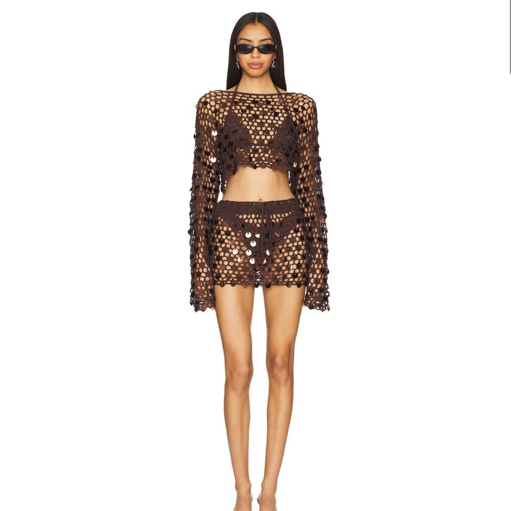 superdown Brown Crochet Sequin Swim Coverup Set